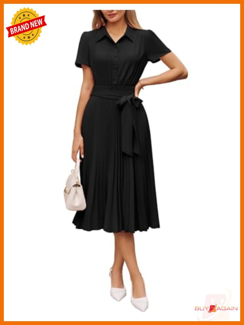 A-Line Pleated Midi Work Dress Button V-Neck Short Sleeve Business Casual